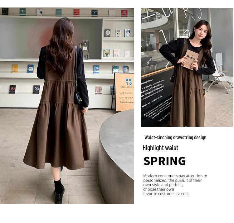 Khaki Faux Two-Piece Spliced A-Line Dress - Women's Mid-Length Spring 2025 French Sweet Style Pinafore Dress