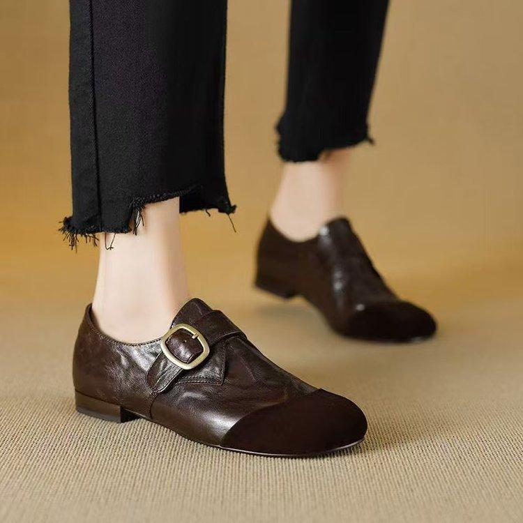 Zapatos bajos retro franceses de cuero pequeño para mujer 2025 nuevos de tacón bajo de cuero suave comercio exterior retro cómodos zapatos individuales de mujer