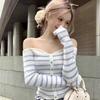 Korean Version Contrasting Stripes One-word Shoulder Long-sleeved Knitted Sweater Women's Autumn New Slim-fitting Off-the-shoulder Sweet 