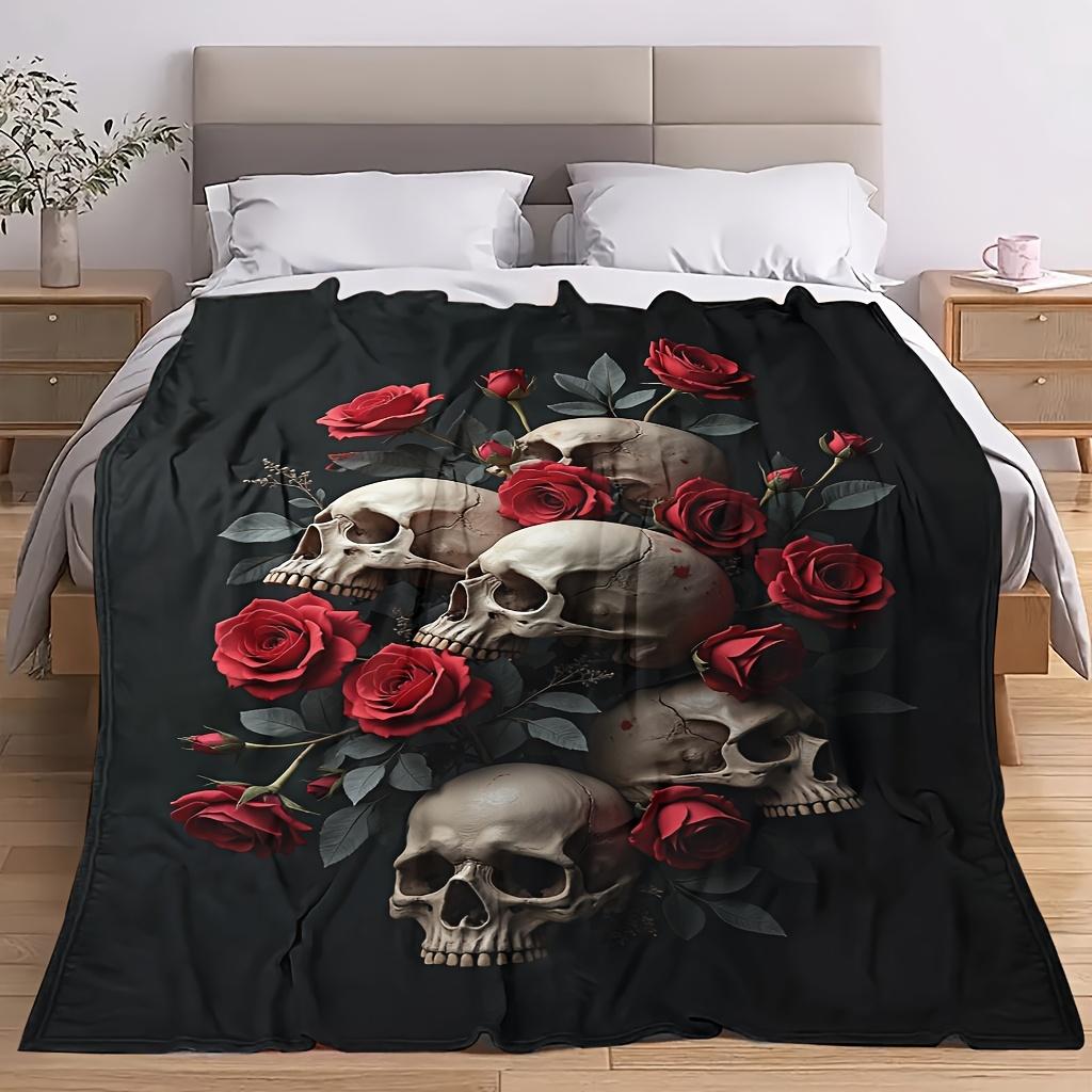 Comfortable Skull And Rose Theme Flannel Blanket Soft High-Definition Digital Print Black Base with Red Roses And Skulls Cooling Blanket All-Season Us
