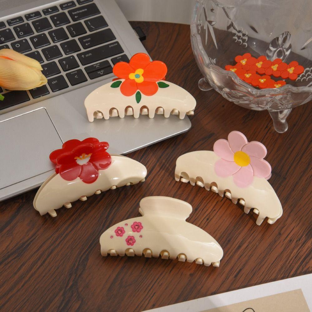 Colorful Acetic Acid Shark Clip Rhinestone Back Head Hair Grab Flower Acetate Hair Claw Girls