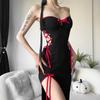 AltGoth Gothic Dark Midi Dress Dámské Vintage Fairycore Grunge Punk Y2k Hotsweet Pásek na špagety Dutý korzet Bodycon šaty