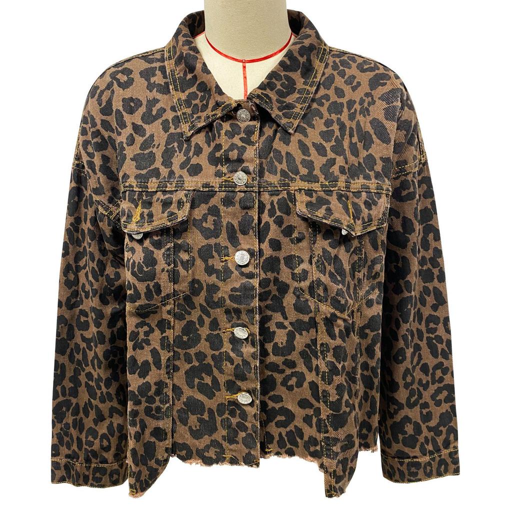 Leopard Print Long Sleeve Denim Short Jacket 2024