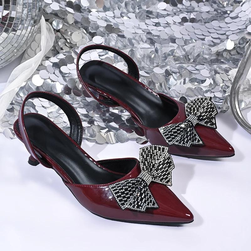Fashion Fashion Bow-Knot Med Heel Sandals for Women Summer Thin Heel Pointed Toe Sandal Woman Luxury Slip On Plus Size Sandalias Mujer