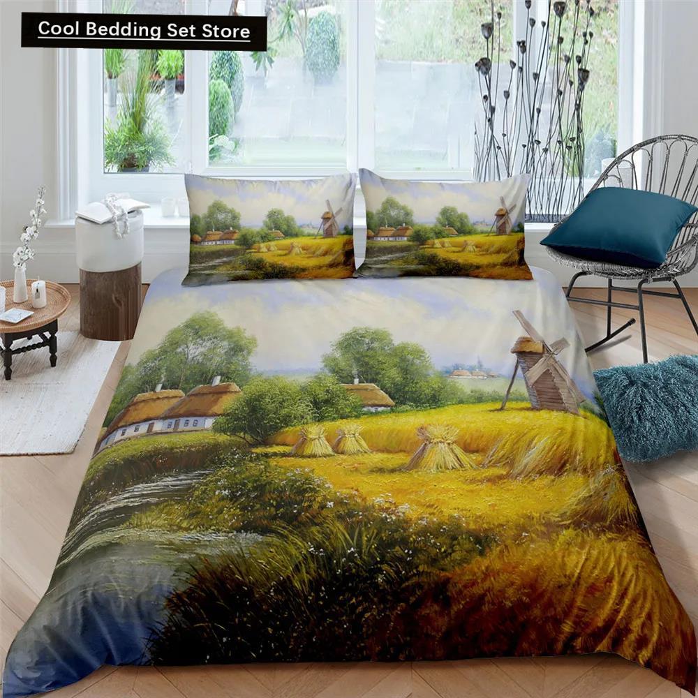 Comforter Oil Painting Landscape King Queen Natural Scenery Bedding Set Teen Adult Floral Ocean Building Polyester