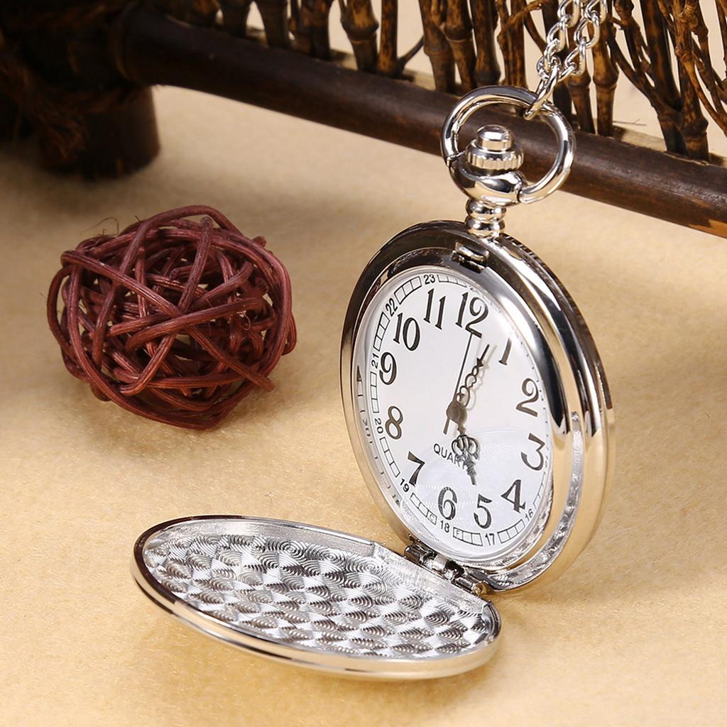 Classical Quartz Analog Smooth Pocket Watch Necklace Pendant with Chain Silver