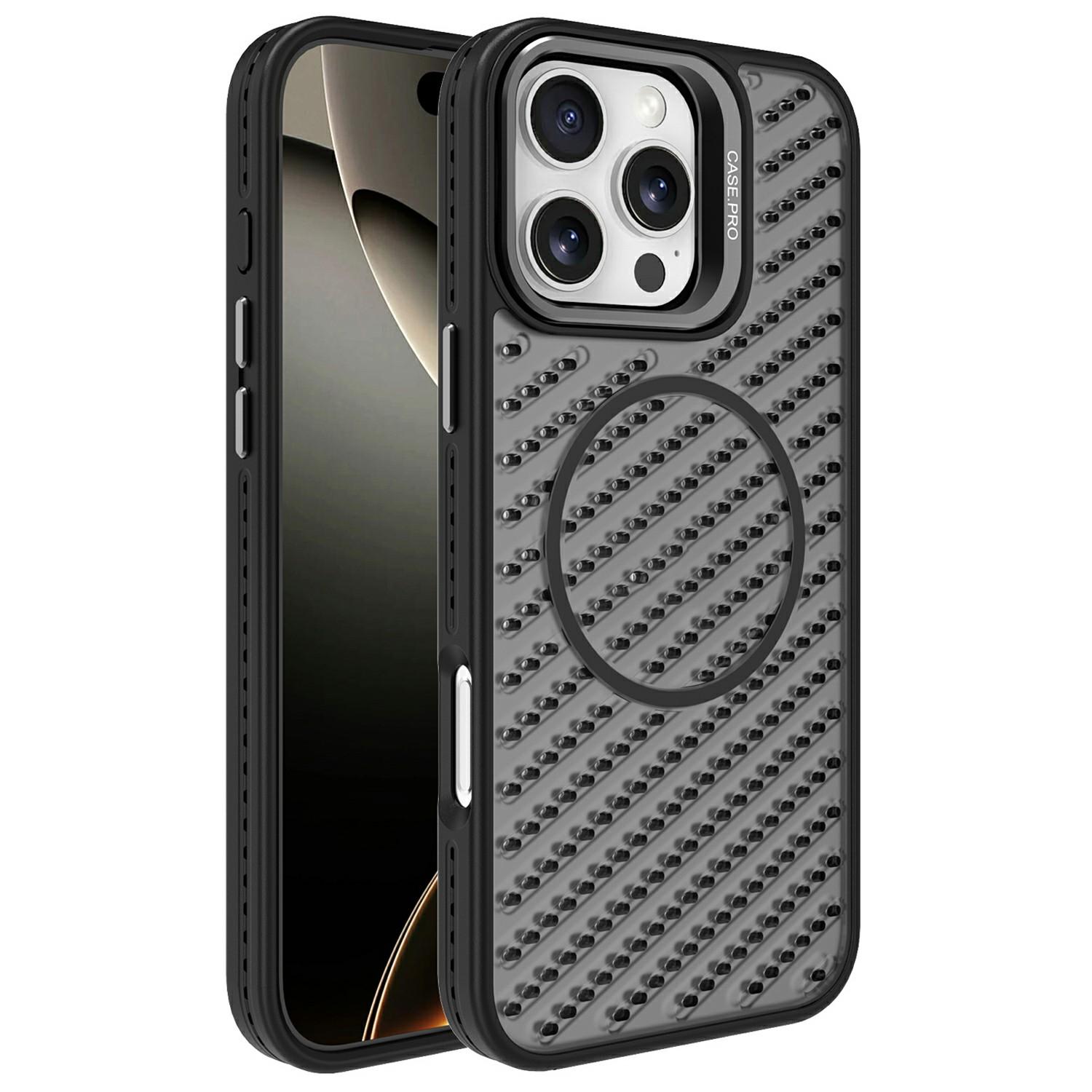

For iPhone 16 Pro Max Magnetic Case PC TPU Back Cover Hollow Design with Lens Kickstand Black