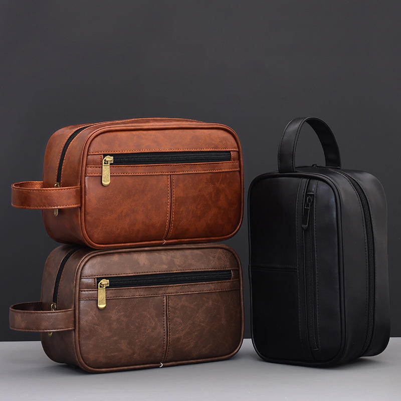 Business Travel Portable Men's Toiletry Bag Fashion Retro Leather Thickened Cosmetic Bag Handbag