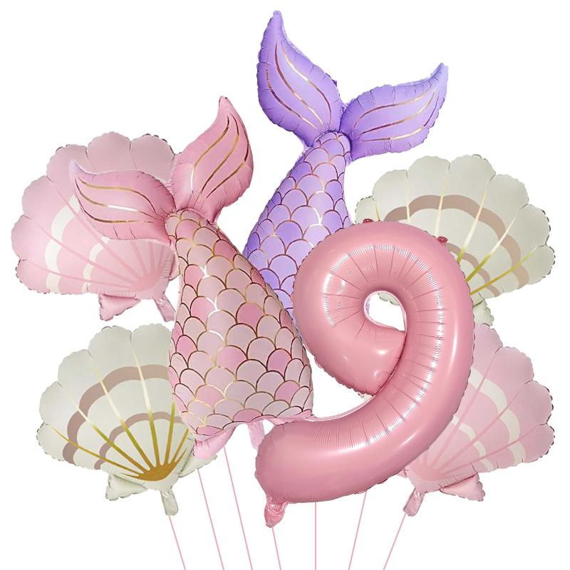 7 Stück Meeresmeerjungfrauenschwanz Muschel Muschel Ballons Set Rosa 0-9 Zahlen Folienballon Unterwasser Geburtstagsparty Dekoration Babyparty Zubehör