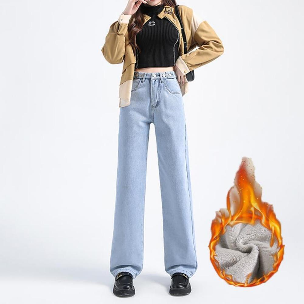 

Spring and Autumn New Casual Adjustable Wide Leg Jeans Women s High Waist Fleece Thickened Straight Floor Mopping Jeans 2XL