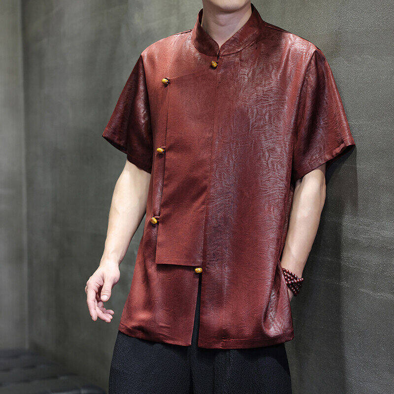 

2025 Men Chinese Style Shirts Men Cross Collar Design Solid Simple Shirts Casual Streetwear Male Short Sleeved Blouse 4XL чорний