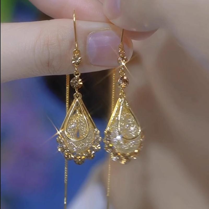High End Feeling, Light Luxury, Gold Wire Mesh, Water Droplet Fringe, Ear Line Temperament, Long Style, Slimming Earrings, Versatile Earrings