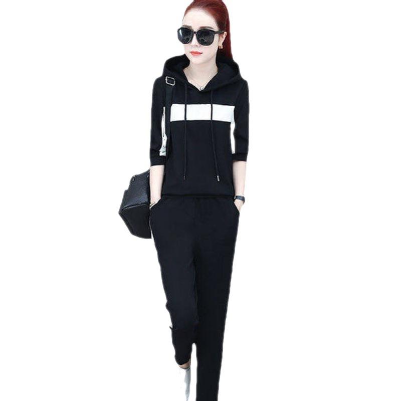 Early Autumn Casual Sports Suit for Women, Korean Style Loose Hooded Sweatshirt, Large Size Sportswear Two-piece Set