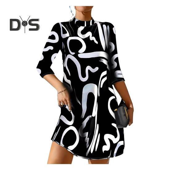 

Женское платье с полувысоким воротником, подобранным по цвету, с принтом, свободный, с длинным рукавом, толстый, мягкий, теплый, ретро-пуловер, мини-платье осень-зима M чёрный