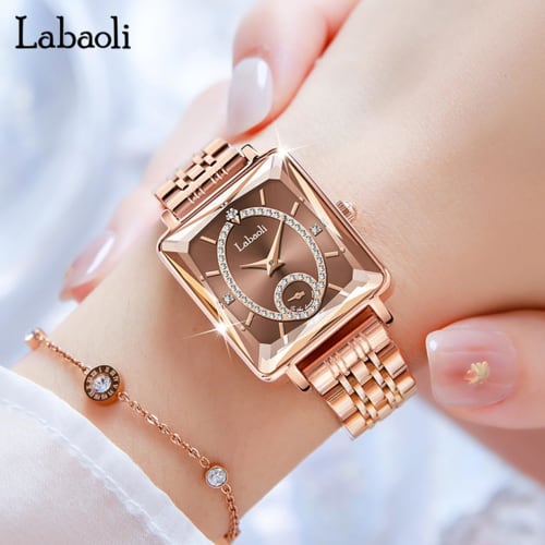 Women's Gold Square Wristwatch with Diamonds, Waterproof, Simple, Stylish, Casual, Business, Brand Name, Stainless Steel, Small, Luxury, Gift, Brown