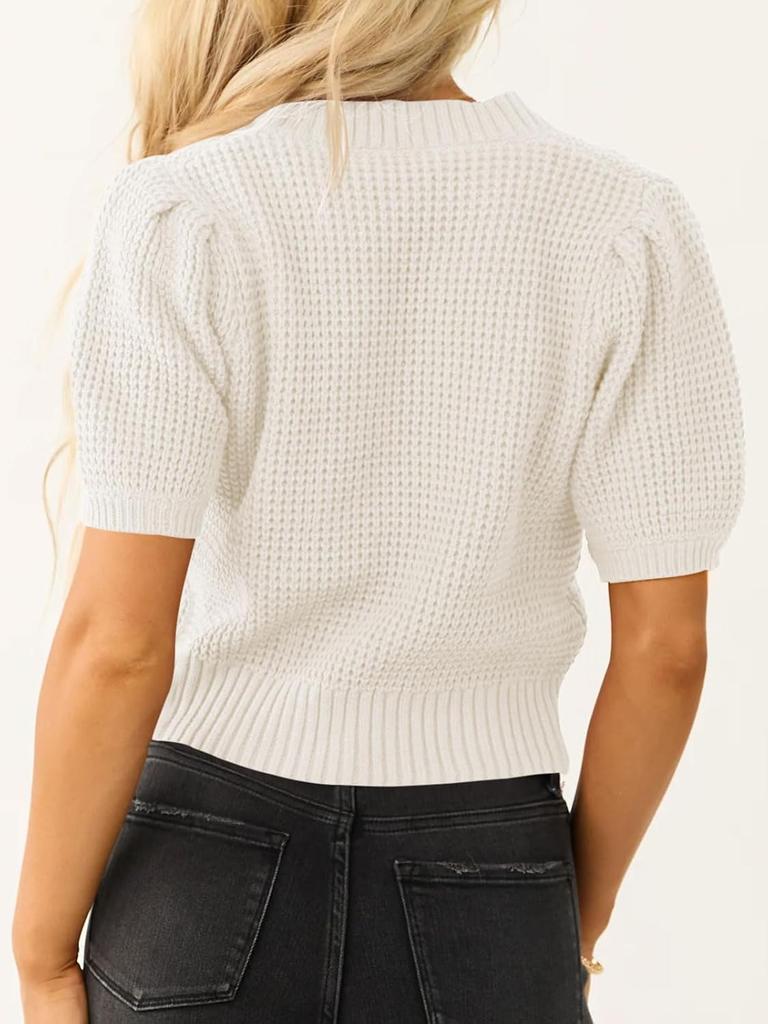 Womens Waffle Knit Sweater Top V Neck Puff Short Sleeve Cropped Spring Summer Blouse