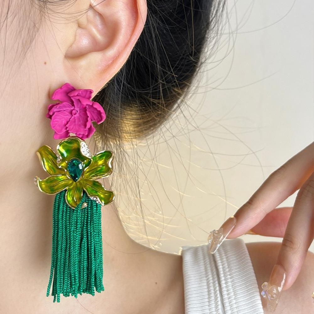 Light Luxury Flower Drop Earrings Tassel Sweet Earrings Trendy Bohemian Earrings Women Gift