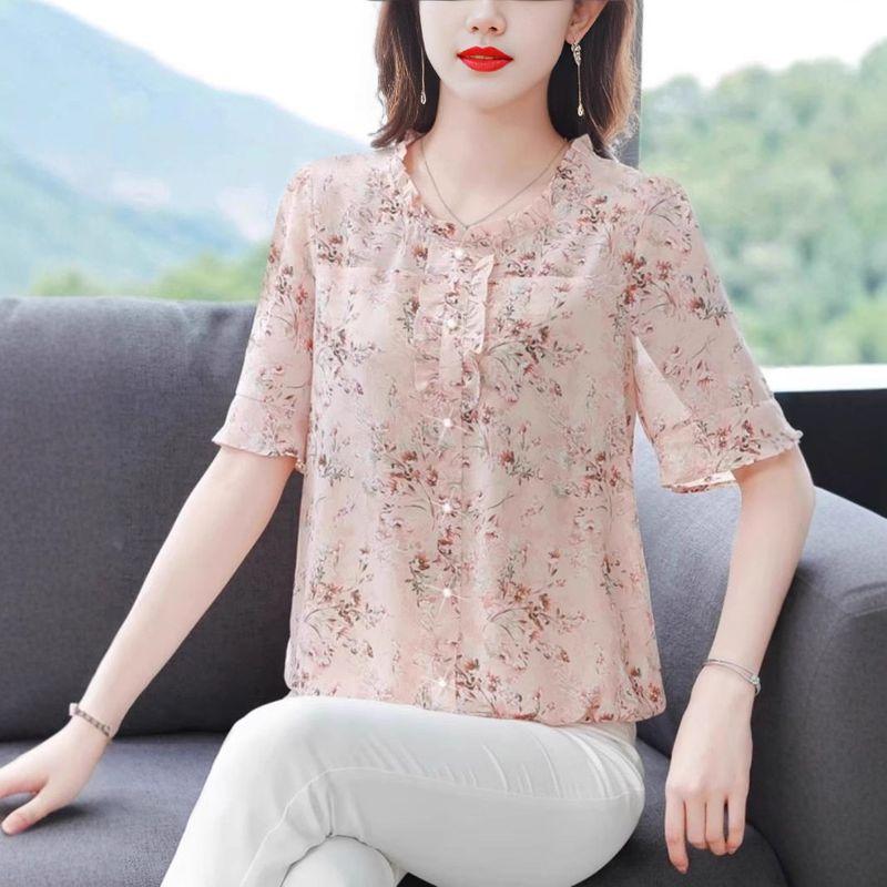 Summer New Style Five-Quarter Sleeve Chiffon Shirt for Women, Stylish Floral Print Top That Covers the Belly, Thin Base Layer Shirt