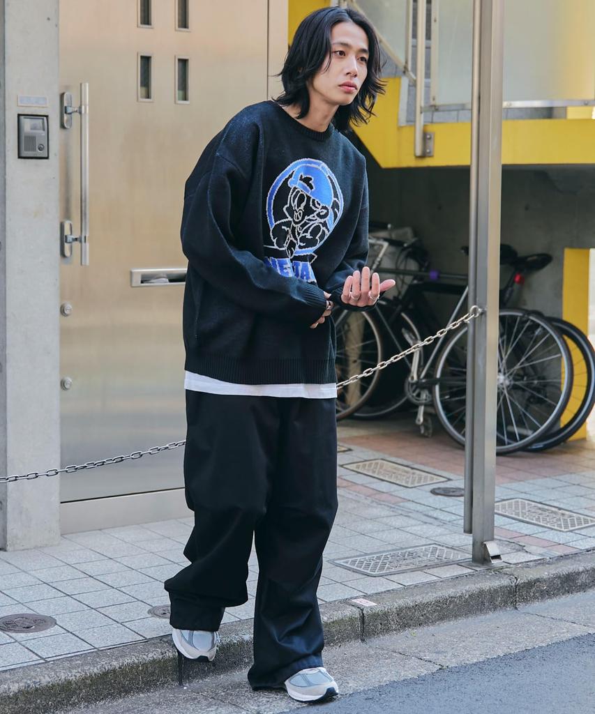 WEGO New Jack Jacquard Knit Pullover Oversized Casual Size Black Men's Top, Unisex, Silhouette, Spring/Autumn/Winter Streetwear, Gift, L,