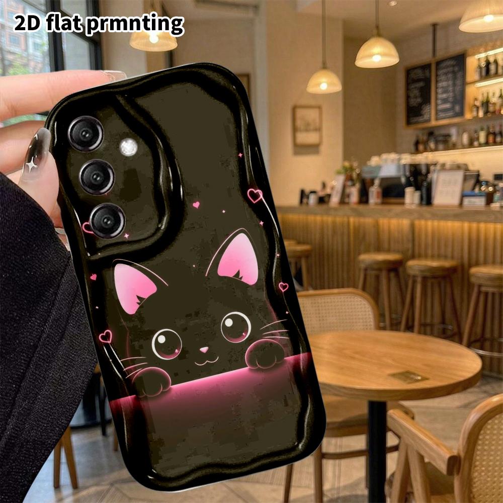 Phone Case: 2D Flat Samsung Galaxy A34 A35 S20 S22 S21 FE Plus Ultra Protective Case, Cute Little Black Cat with Pink Glow, Christmas and Halloween Gi