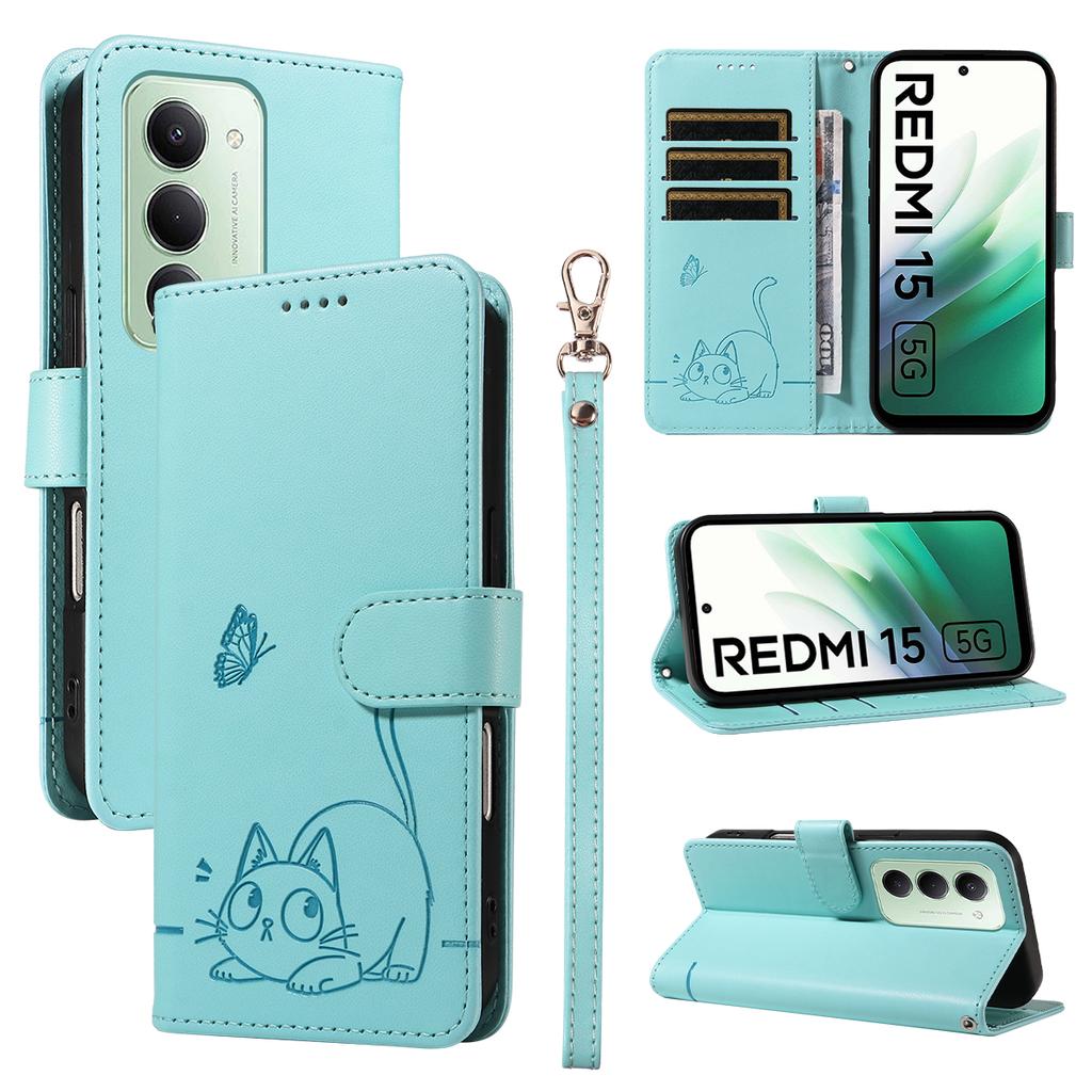 For Xiaomi Redmi 15 4G (EU) (171mm) Case Cat Pattern Imprint Leather Phone Cover with Wrist Strap