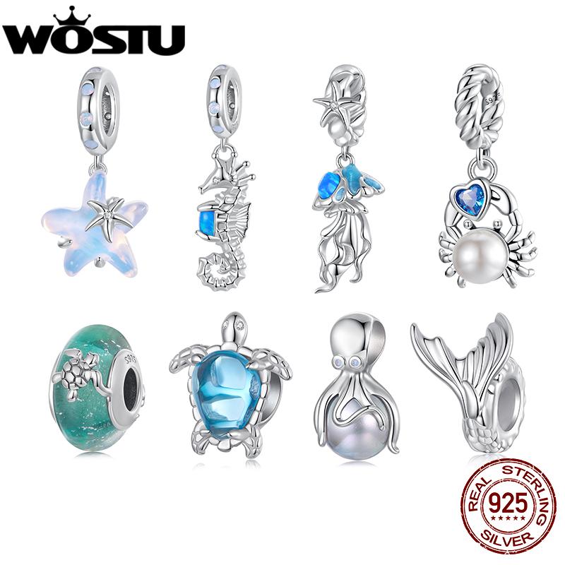 WOSTU 925 Silver Blue Opal Seahorse Pendant Fantasy Jellyfish Charm Octopus Bead Fit Bracelet DIY Ocean Jewelry Gift