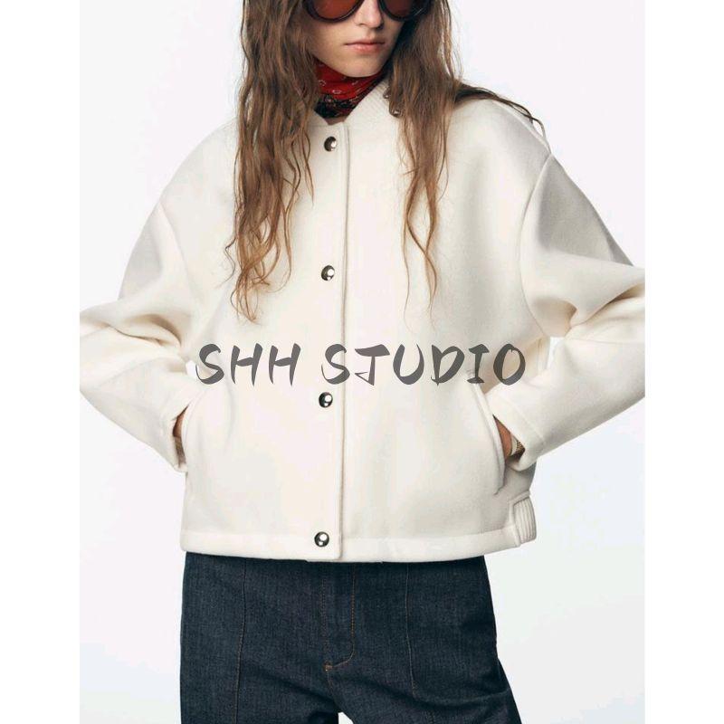 Fall Women's Clothing Minimalist Style round Neck Long Sleeves Gold Button Soft Pilot Jacket Outwear 4968022