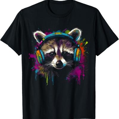 Auriculares Musicales de Mapache Colorido Animal Motif Arte Camiseta de Mapache