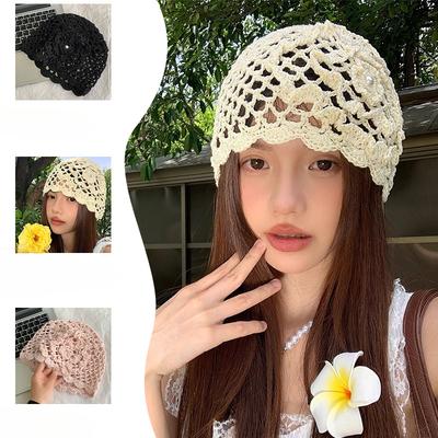 Printemps et Été Fait Main Crochet Tricoté Chapeau de Tête pour Femmes Fin Respirant Creux Chapeau Mode Rétro Niche Chapeau Pull