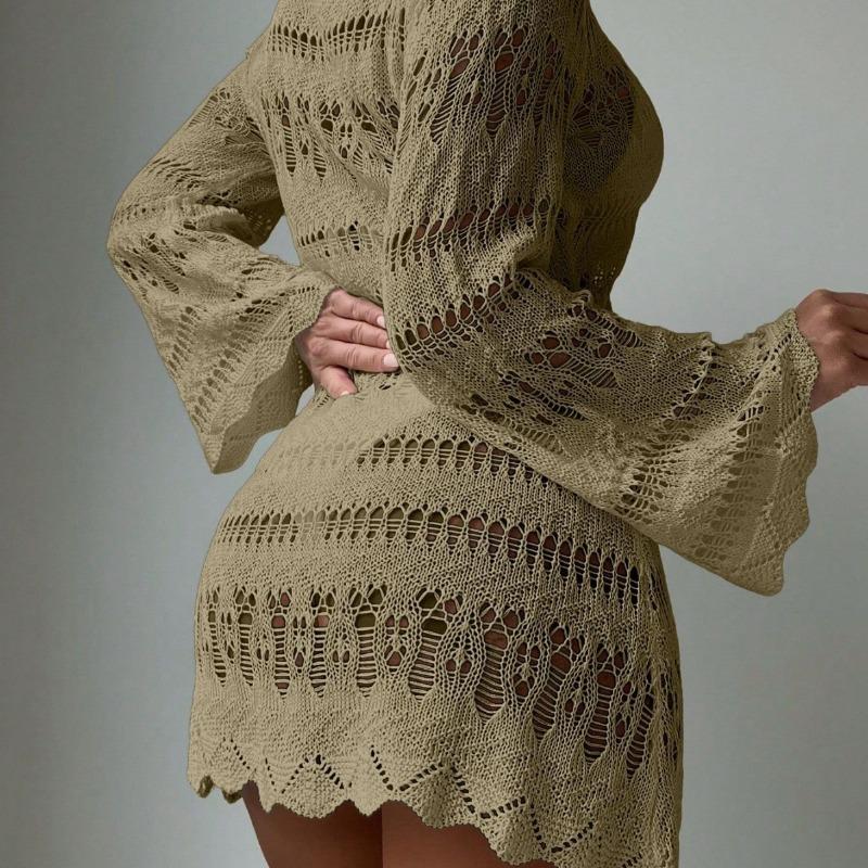 Summer Sexy See Through Beach Dress New Women Hollow Out Mesh Long Sleeve Cover Up Loose Sun Protection Vacation Bikini Cover Up Short Dress 265