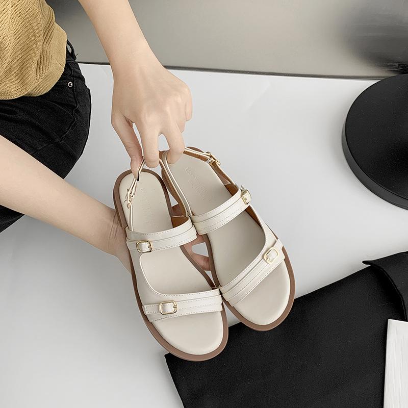 Fashion Double Buckle Band Flat Sandals Women Black/white Leather Back Strap Gladiator Sandalias Mujer Casual Summer Beach Shoes Student