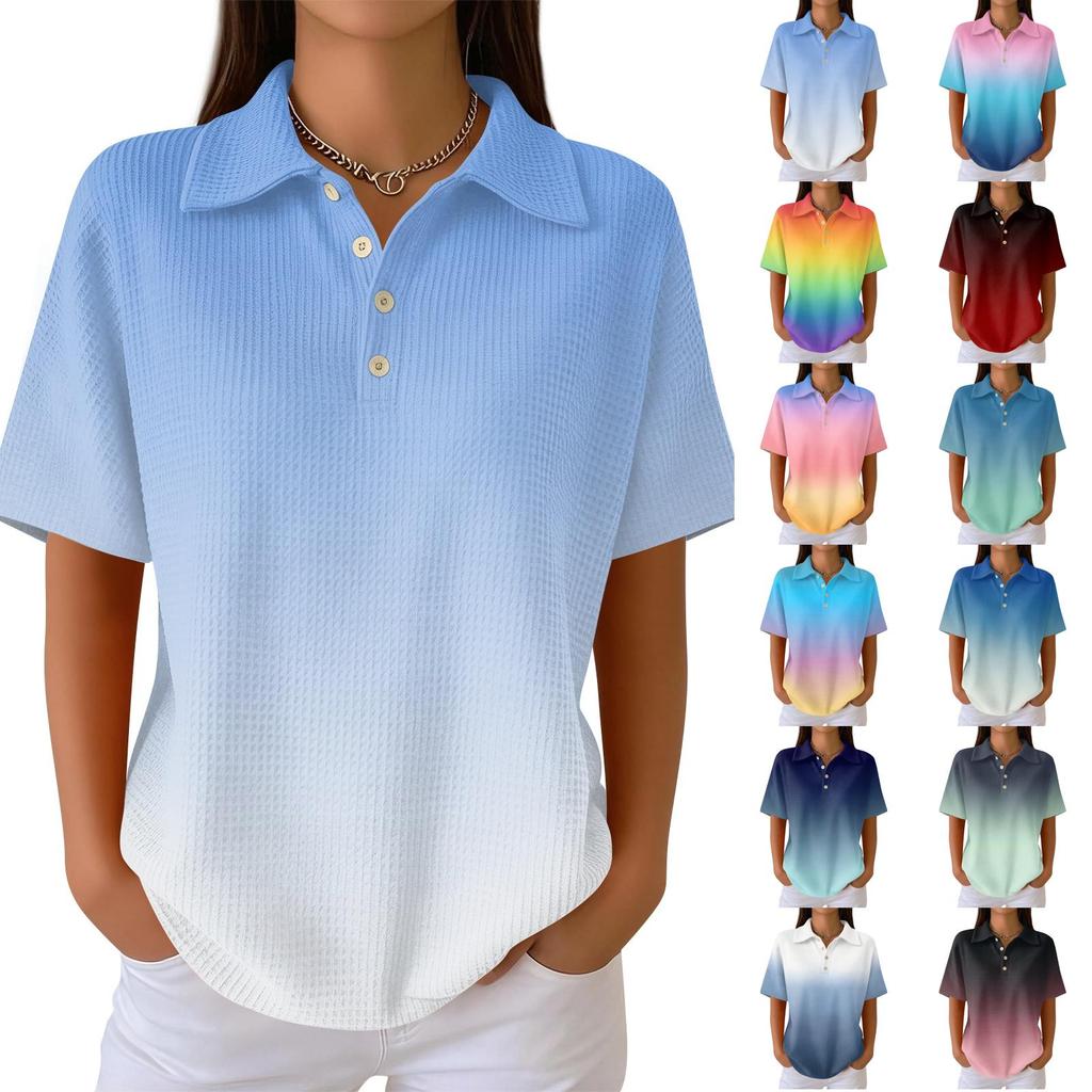 Polo Décontracté à Manches Courtes pour Femme en Tricot Gaufré Col Boutonné Coupe Ample Haut Léger pour un Usage Quotidien