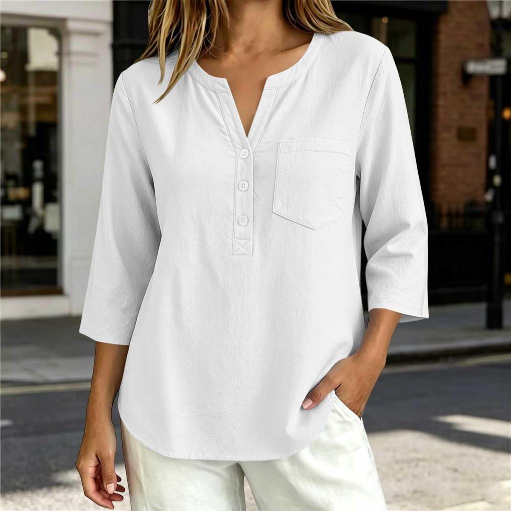 Women's Casual V-Neck Three-Quarter Sleeve T-Shirt Top for Everyday Wear