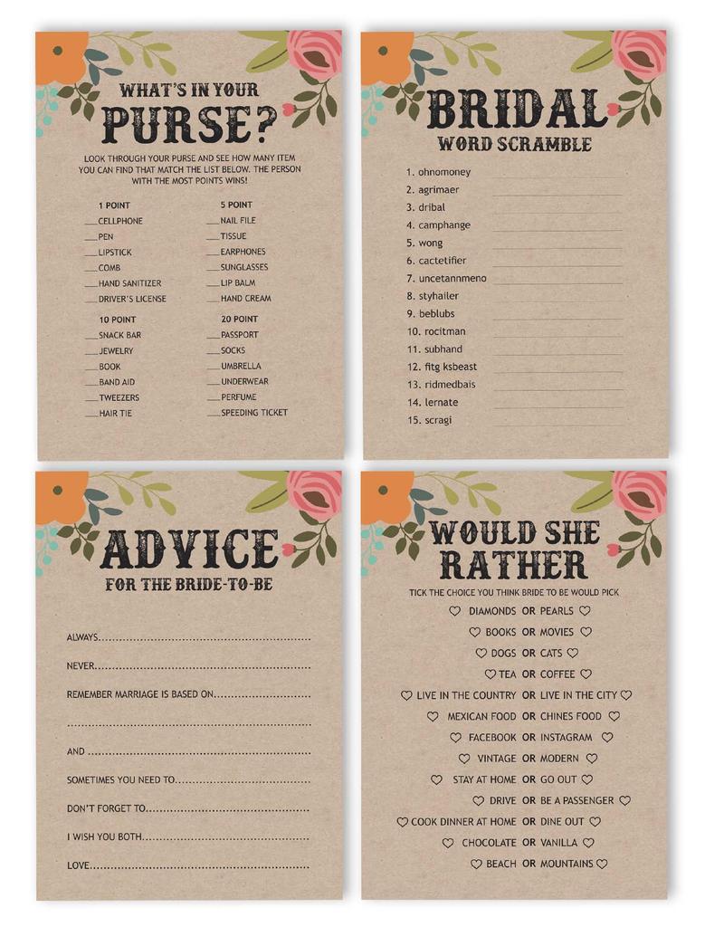 Inkdotpot Bachelorette Party Games Set Bundle Of 4(50 Sheets Each) W Miss To Mrs Gold Banner Rustic Kraft Floral Fun Bridal Shower Games