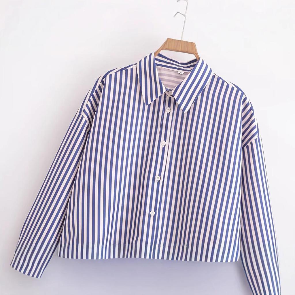 2025 Spring Women's Metallic Thread Striped Long Sleeve Shirt with Turn-Down Collar, European & American Style.