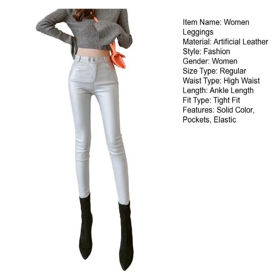 Artificial Leather Leggings High Waist Button Closure Matte Elastic Pencil Pants with Pockets Solid
