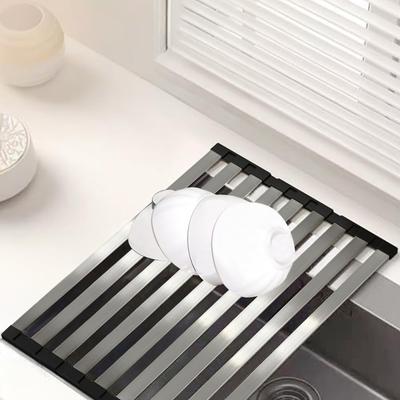 Mamakura Multifunctional Dish Drainer, 32-60cm, 48cm Thick, 304 Stainless Steel, Square Dish Drainer, Over-the-Sink Dish and Laundry Storage, Foldable