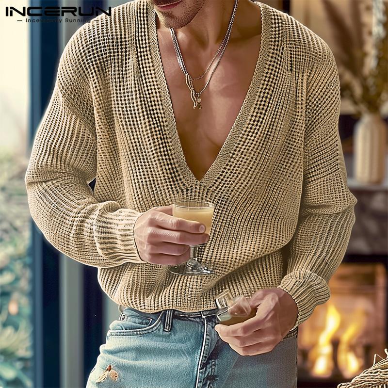 INCERUN Autumn Men V Neck Long Sleeve Knitted Rib Pullovers Casual Loose Jumper Tops