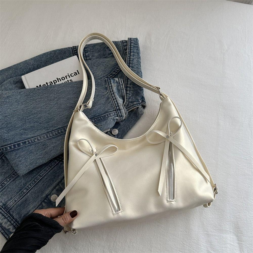 PU Leather Bow Tote Bag Zipper Bow Crossbody Bag Sweet Bowknot Shoulder Bag  Streetwear