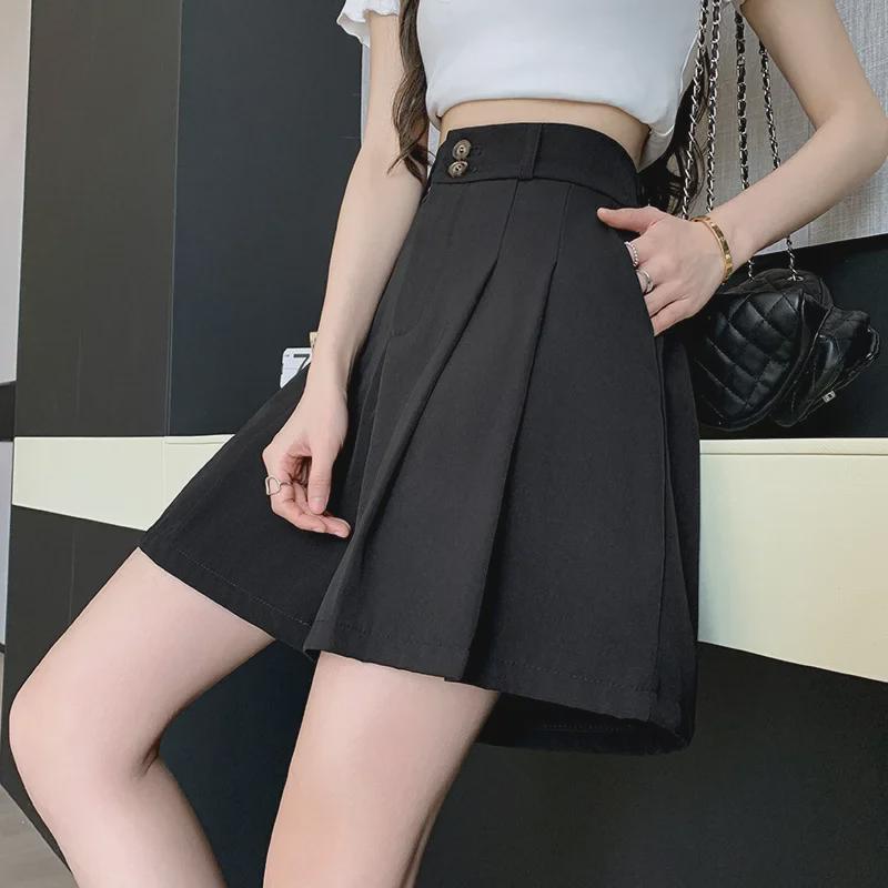 Women's Khaki Pleated A-Line Culotte Shorts - 2024 Summer Fashion Wide-Leg Style