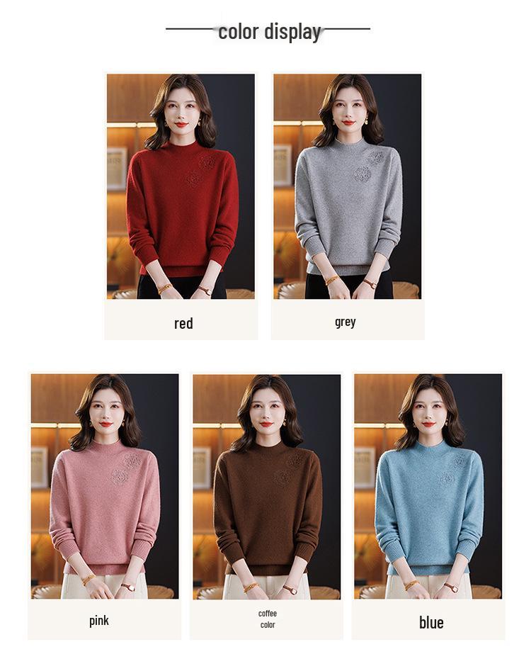 Women's Pure Wool Embroidered Sweater - Half-High Collar, Autumn/Winter, for Middle-Aged & Elderly, Warm Base Layer/Outerwear
