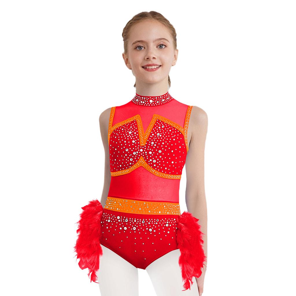 Girls Jazz Latin Dance Costume Shiny Rhinestones Color Block Leotard with Feather Skirt Sleeveless Cutout Back