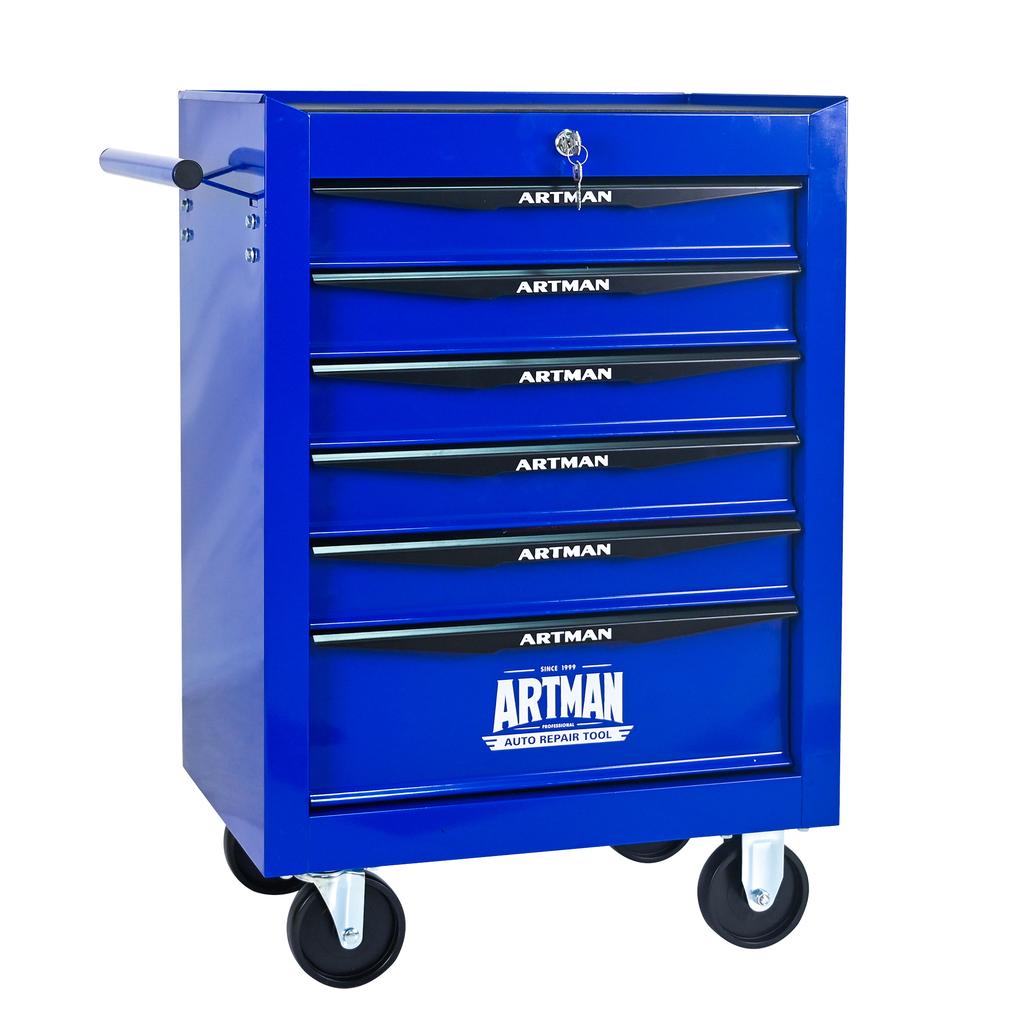 Mobile metal tool cabinet with 6 drawers, 508 mm (20 inch), ball-bearing drawer slides, organizing steel tool box – black-blue