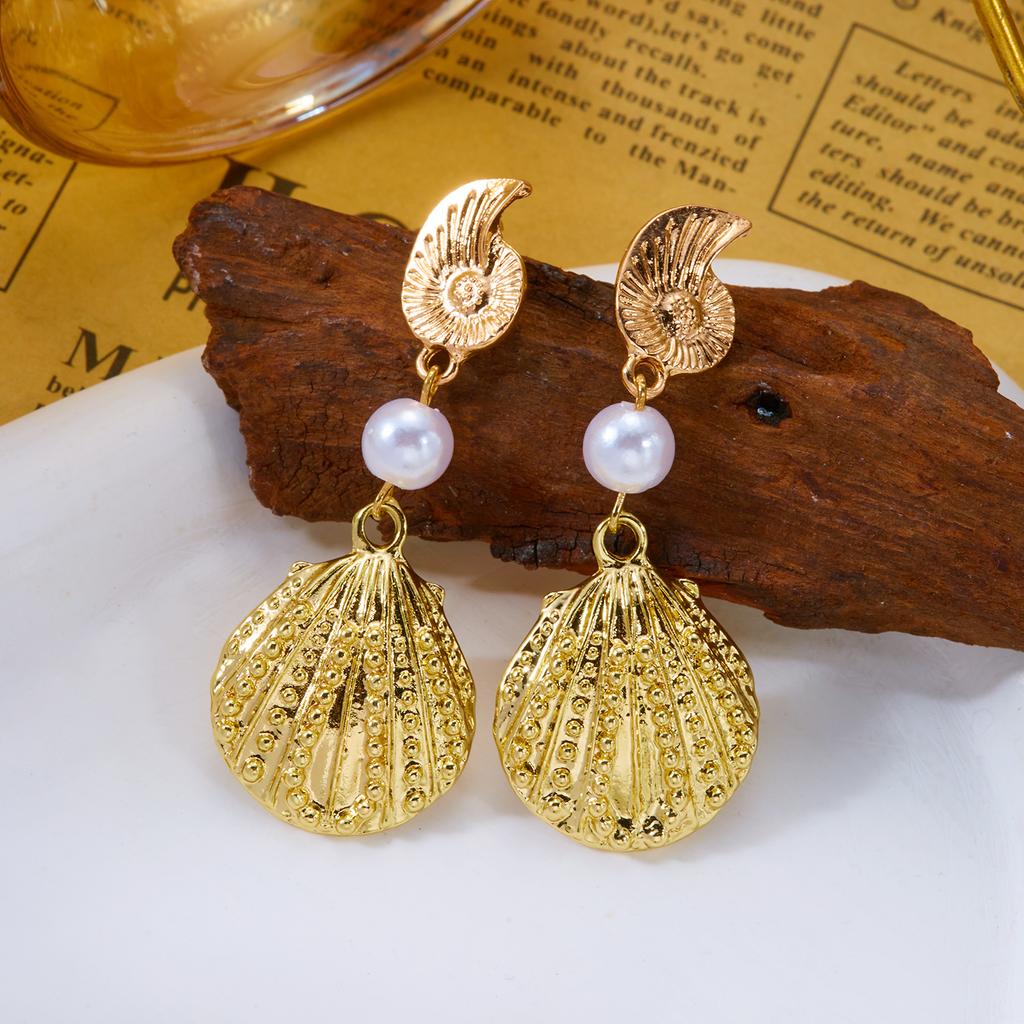 Fashion Shell Imitation Pearl Drop Earrings for Women Luxury Gold Color Beach Vacation Statement Jewelry Party Accessories