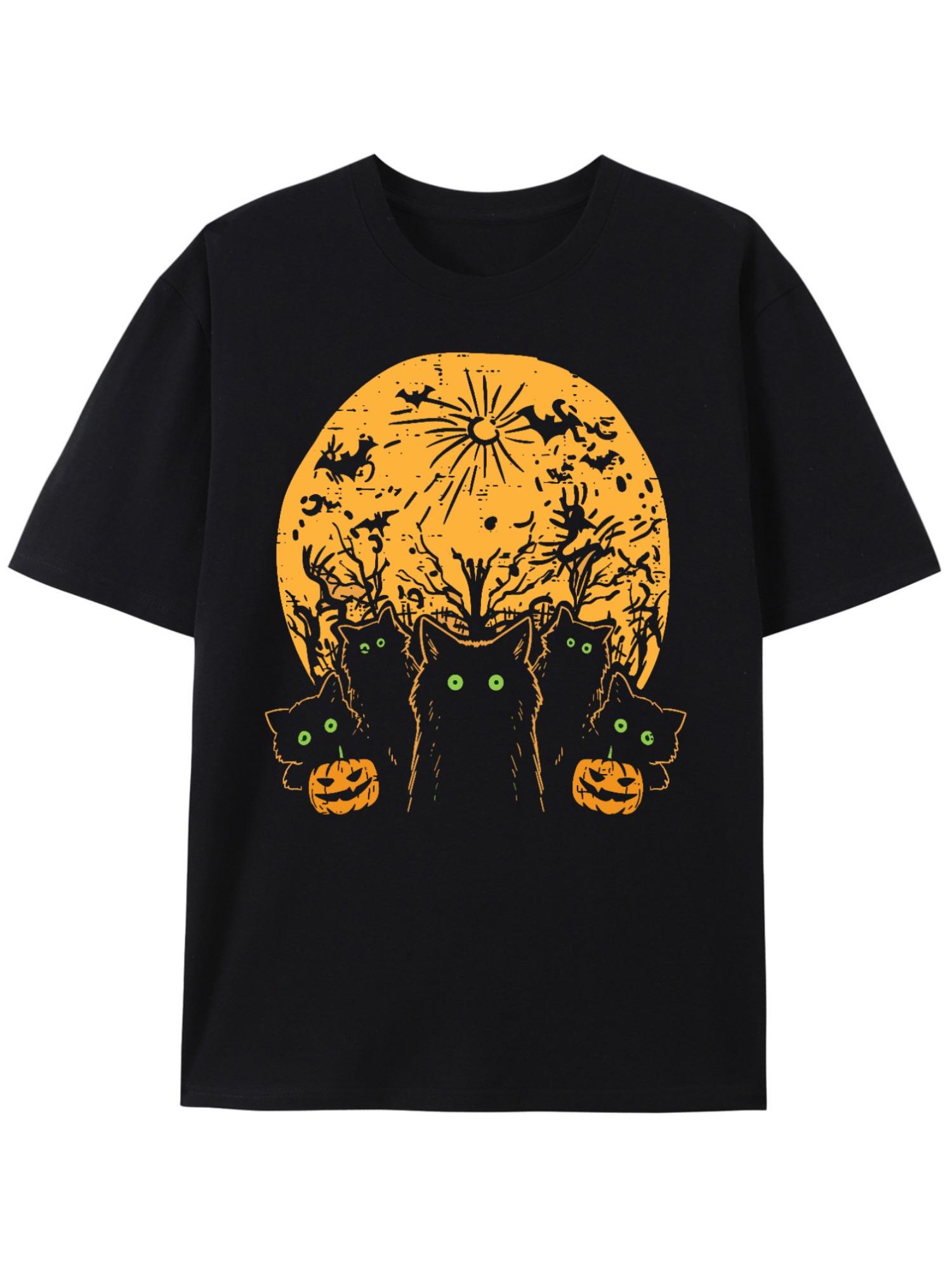 

Men S Glow-in-the-Dark Halloween T-Shirt - Black Cat Pumpkin Bats & Green-Eyed Monster Design Costume Parties Casual Attire Tee 4XL