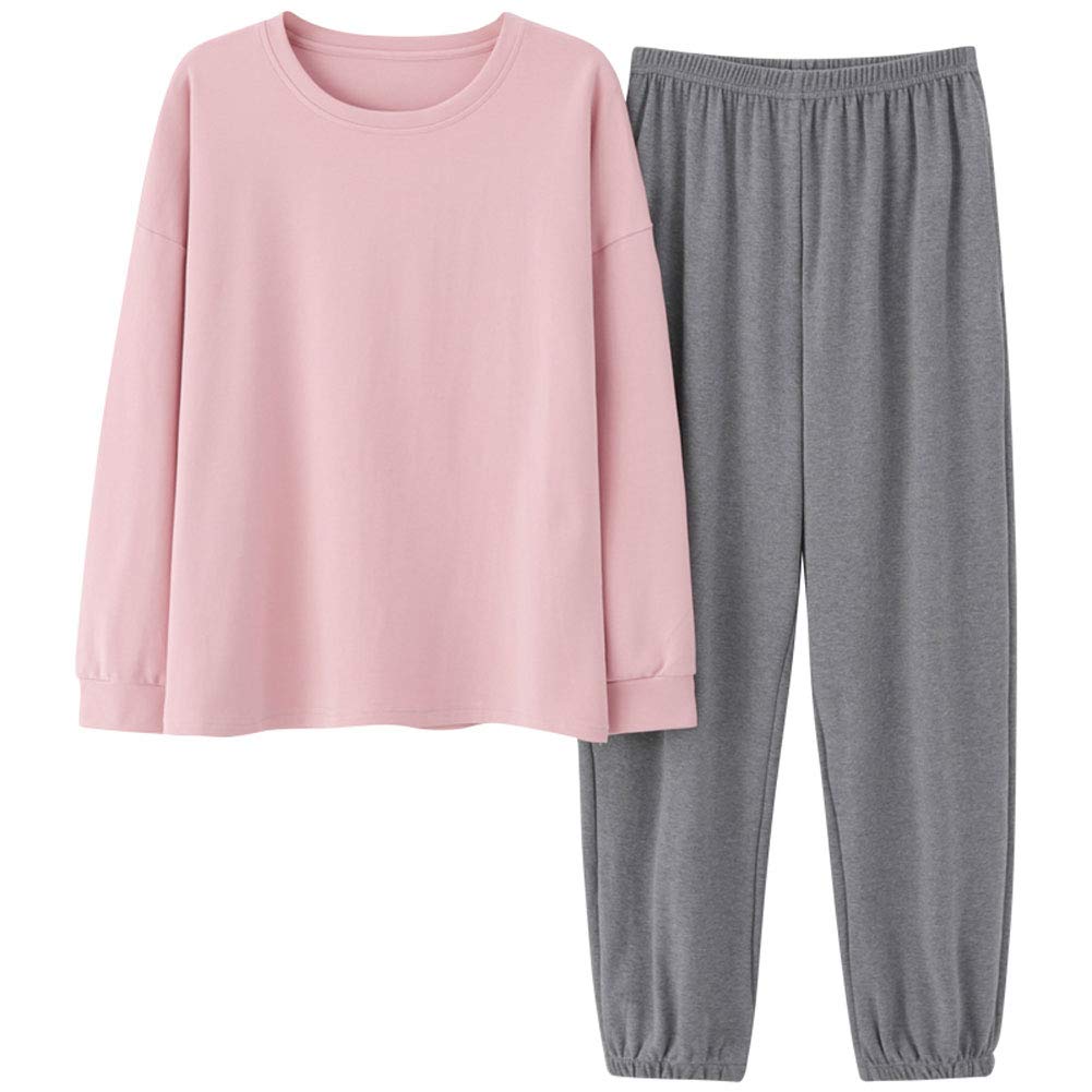 ZUEVI Pajama Long Solid Check Loose Pink and Gray Women's Set, Sleeves, Pair, Cotton, Colors, Pattern, Fit, Spring, Summer, Fall, (ZJP0024PG-XXL)