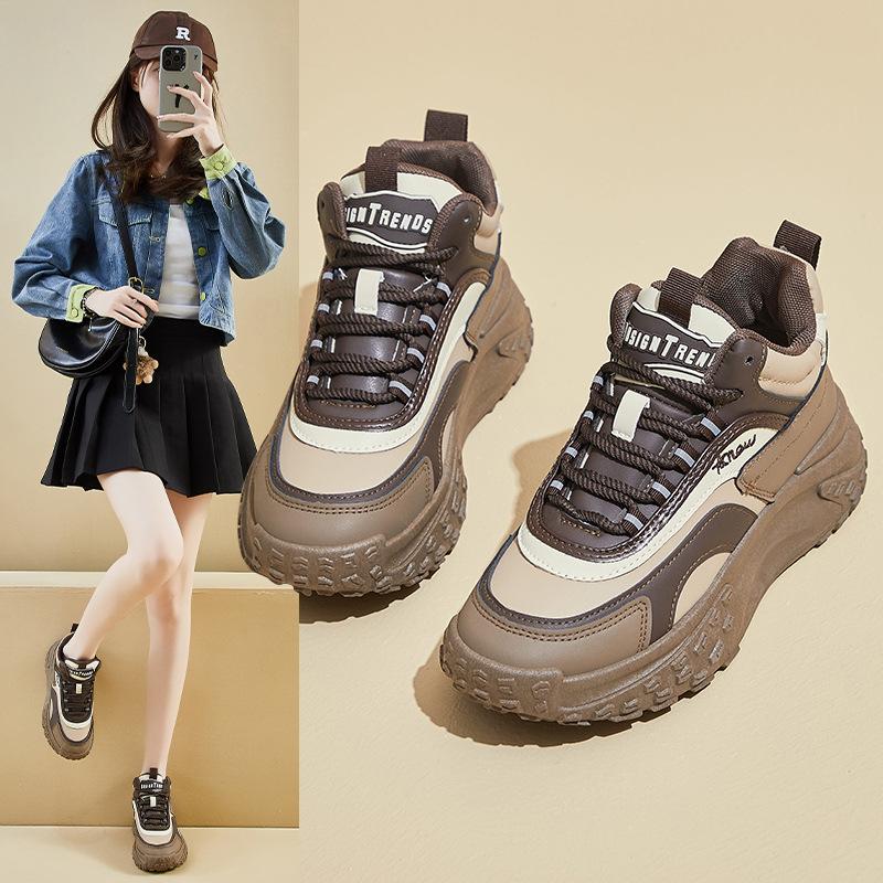 Running Sneakers for Women Casual Anti-Slip Chunky Platform Dad Sneakers Lace-Up Walking Shoes Comfortable PU Leather Athletic Tennis Shoes for Female