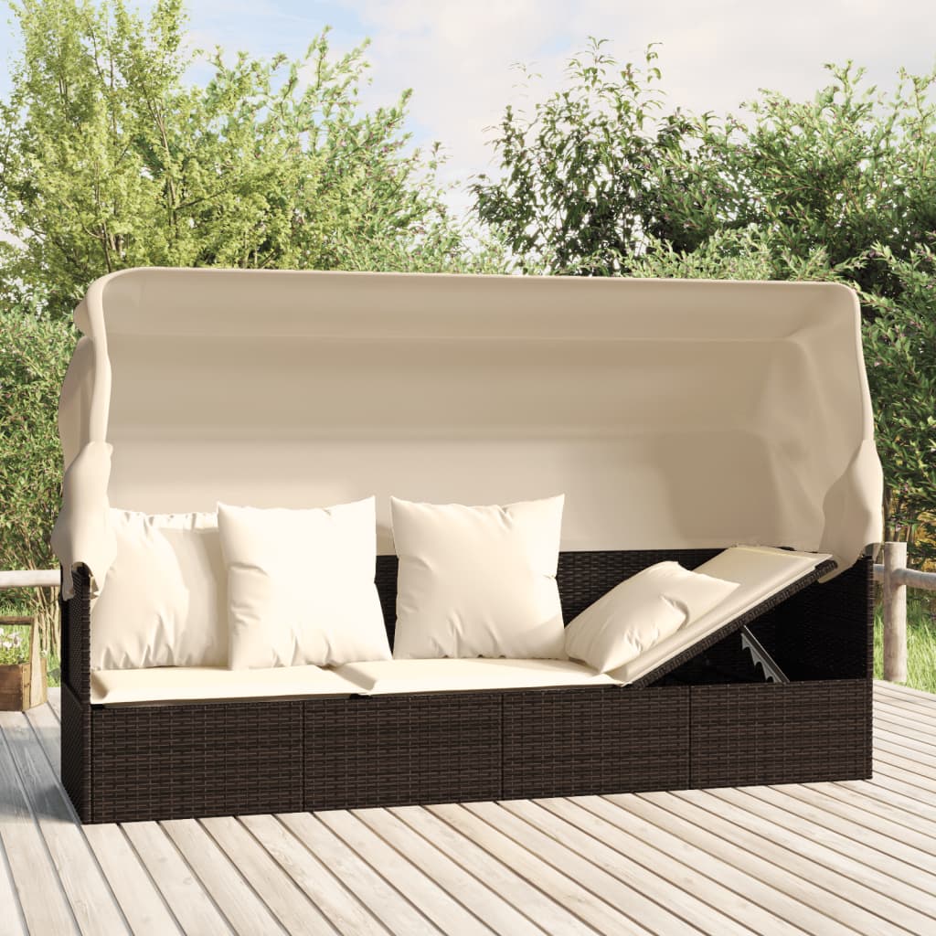 Letto da Lounge da Esterno con Tenda e Cuscini in Polyrattan Marrone
