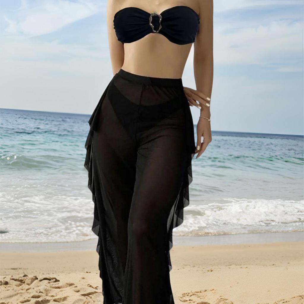 2025 Europäischer & Amerikanischer Damen Strapless Schnelltrocknendes Mesh Lange Hose Bikini Set