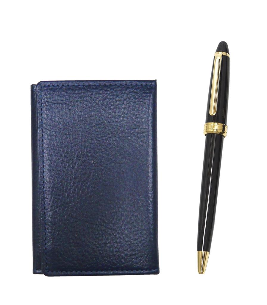 Takizawa Blue Grained Leather Business Card Holder with Neo Ballpoint Pen Set MEIL-600B-B D-600 (Black)